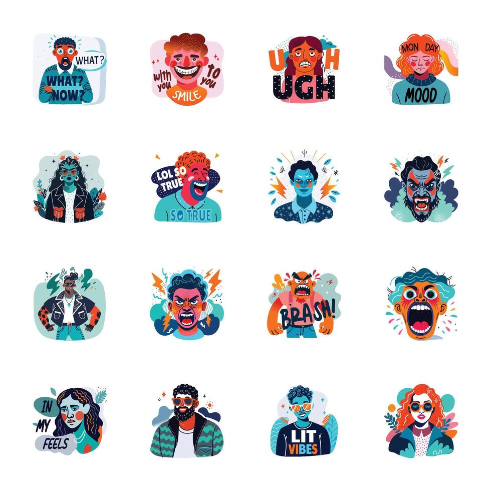 Set of Face Reactions Flat Style Stickers vector