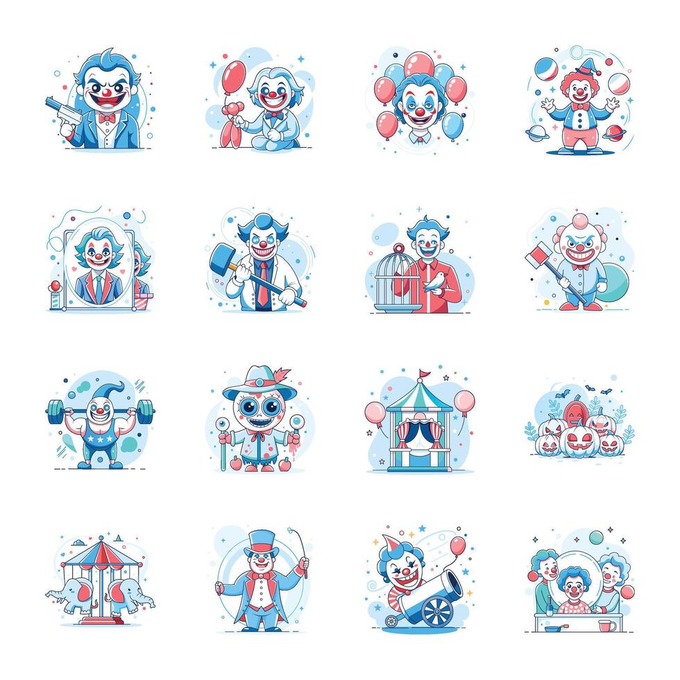 Pack of Flat Style Circus Clowns and Joker Illustrations vector