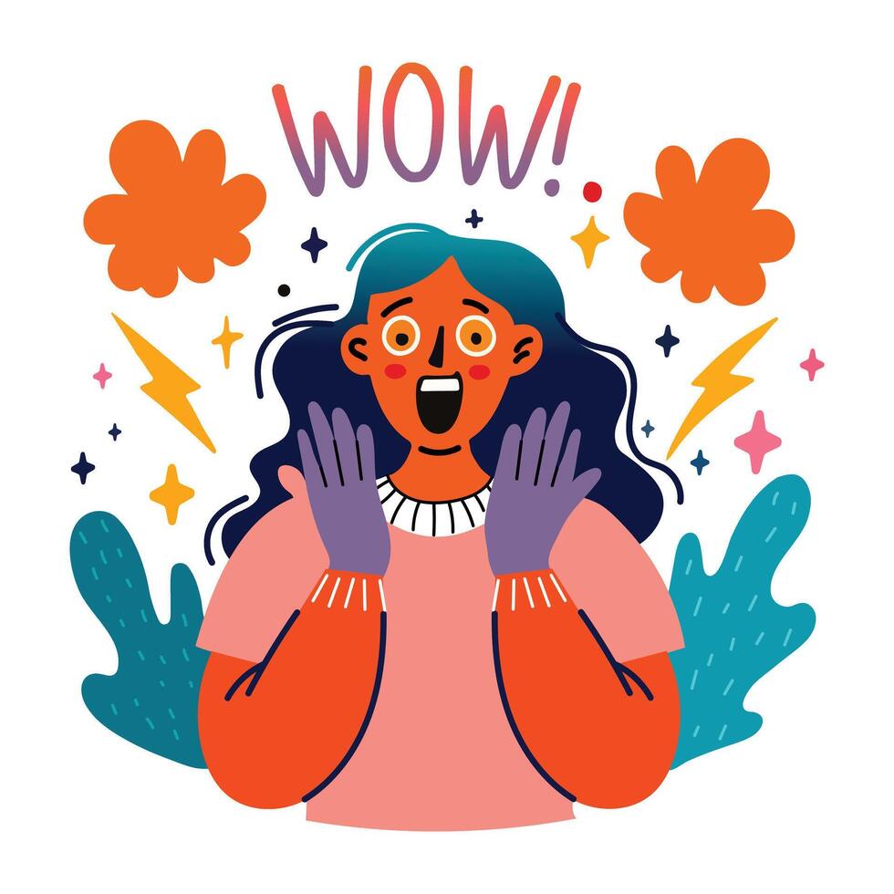 Amazed woman reaction sticker in flat style vector