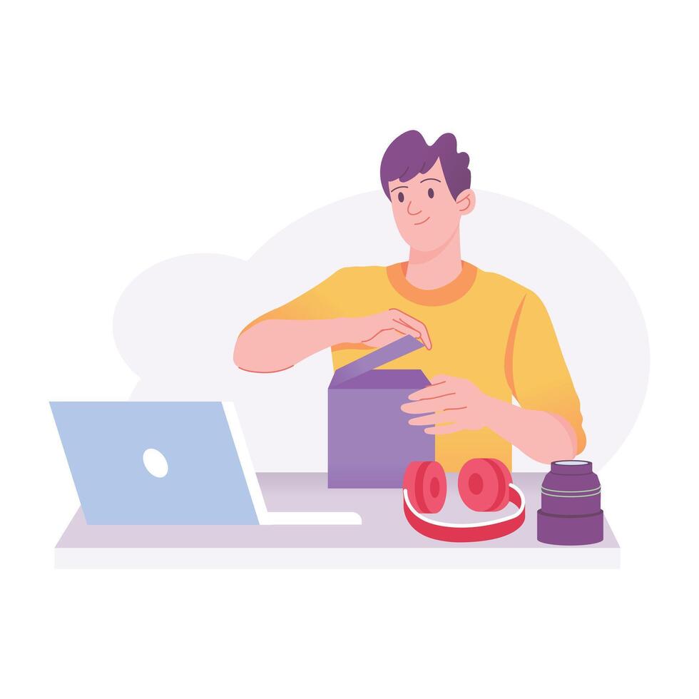 A man unboxing a parcel, a flat style illustration vector