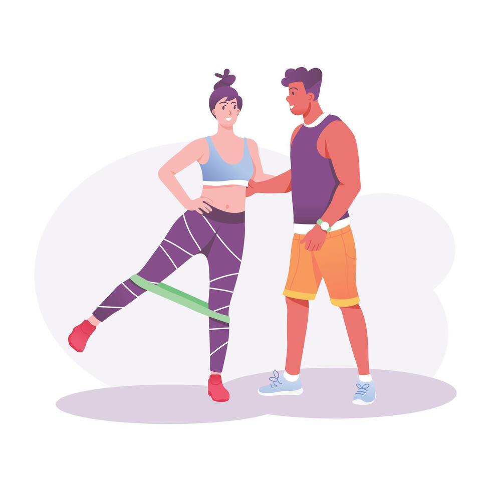 A woman doing exercise with resistance band, a flat illustration vector