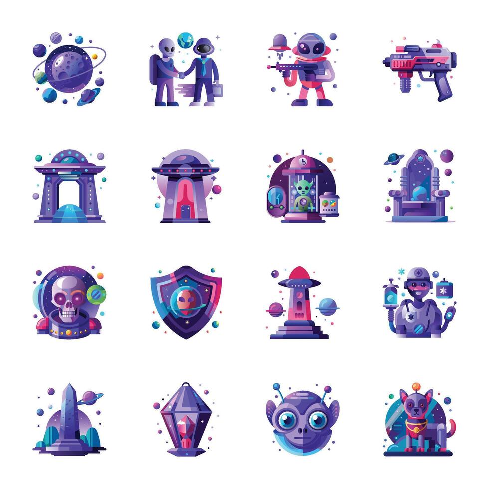 Collection of Flat Style Extraterrestrial Icons vector