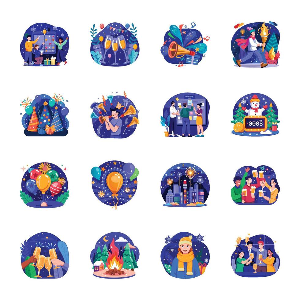 Set of Flat Style New Year Illustrations vector