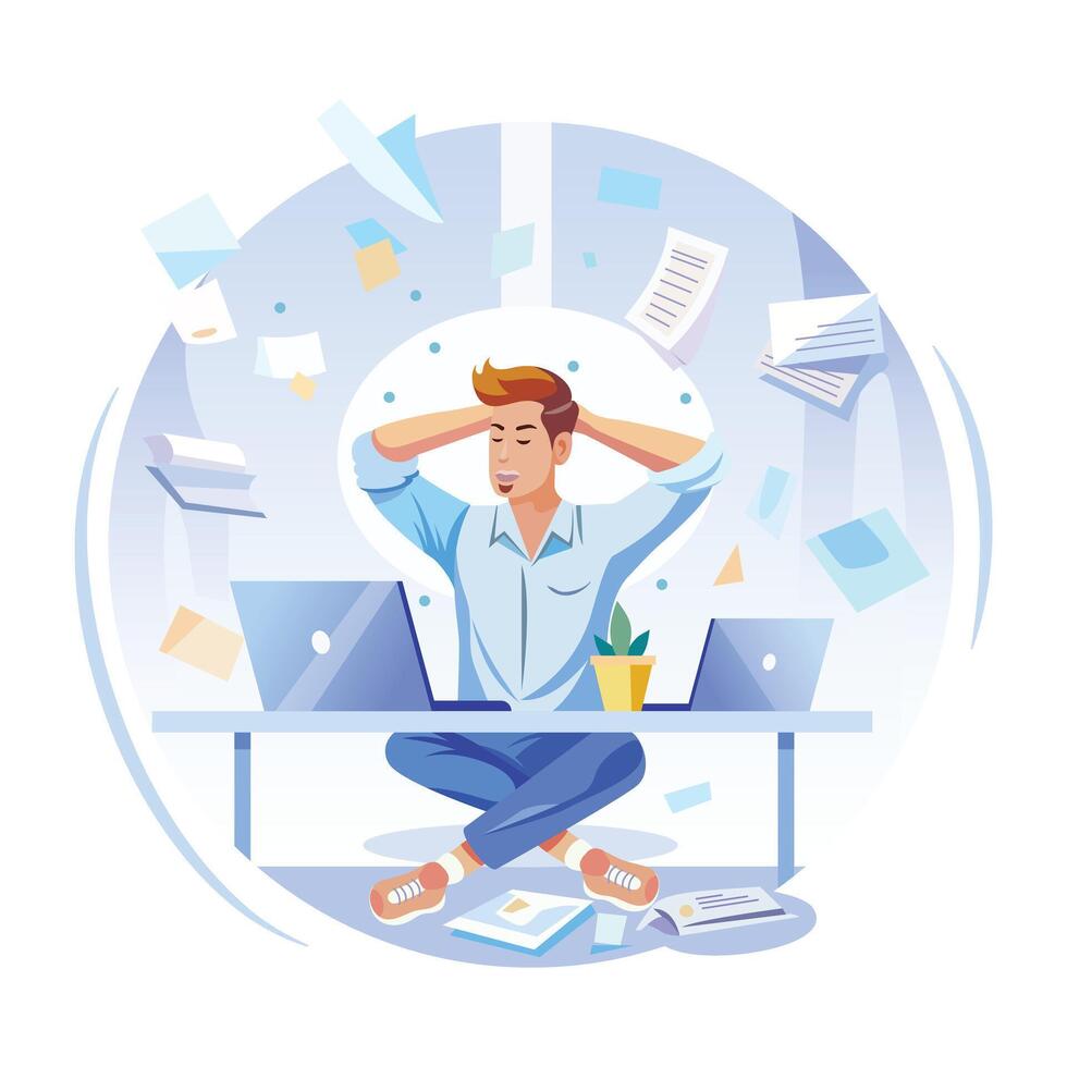 A flat illustration of a relaxed worker sitting at a desk vector