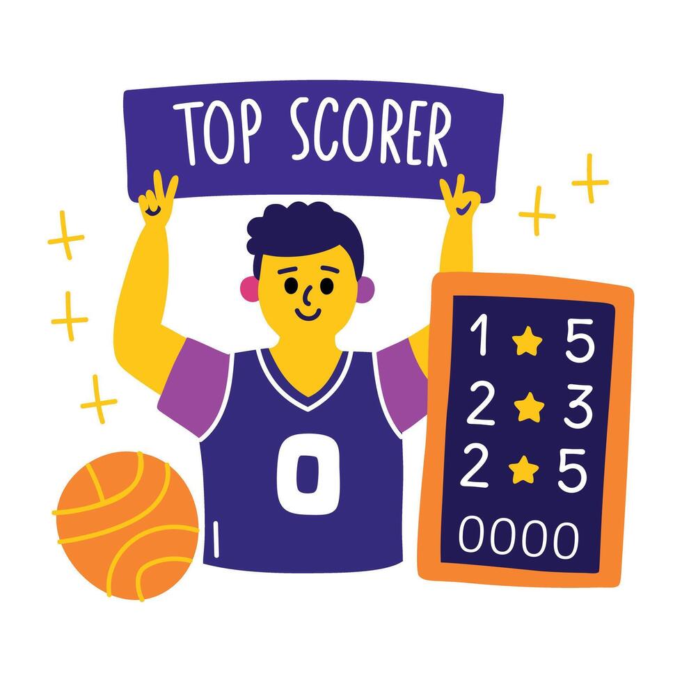 A character holding top score board, a cartoon style sticker vector