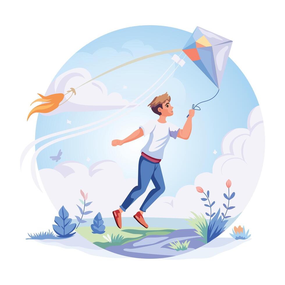 A person flying kite in a park, a flat illustration vector