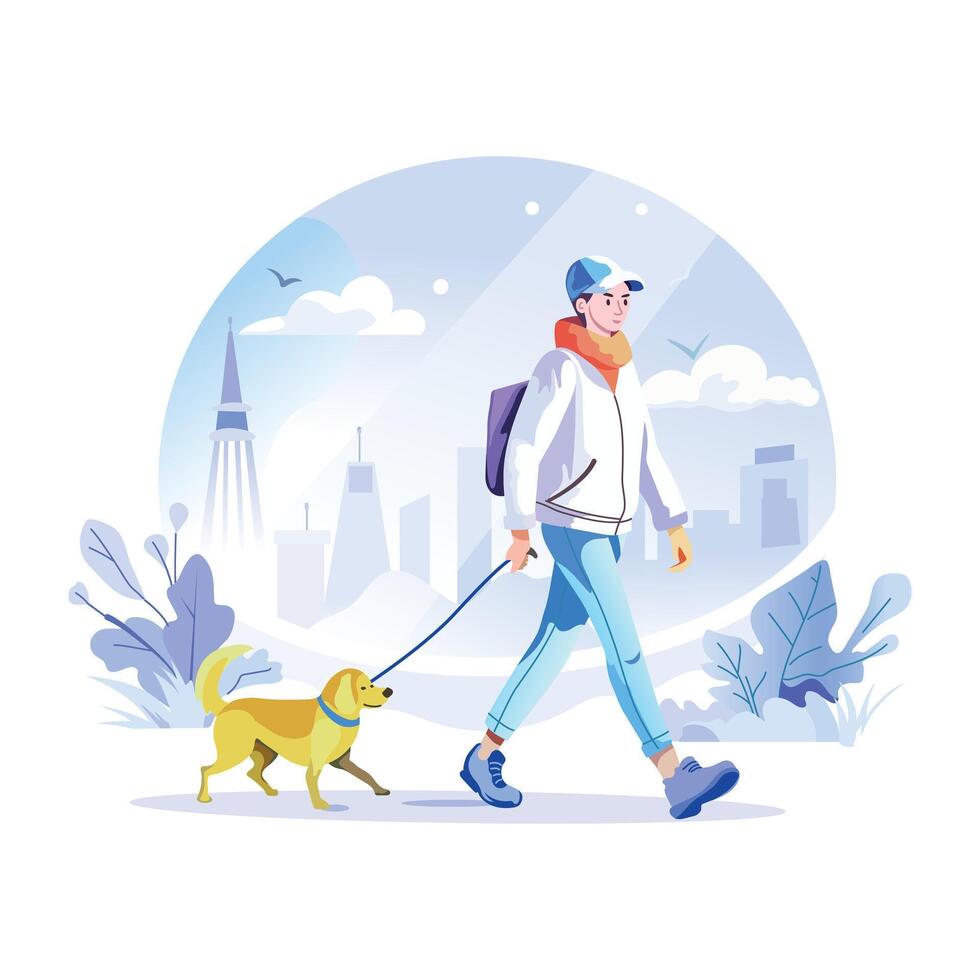 A young man doing a pet walk in winter, a flat style illustration vector