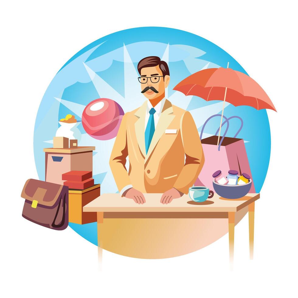Shopkeeper standing on a table, a flat style illustration vector