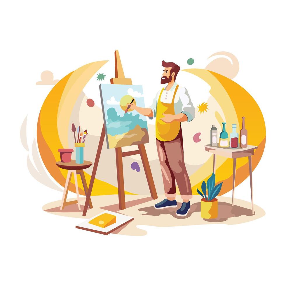 An artist painting on canvas, a flat style illustration vector