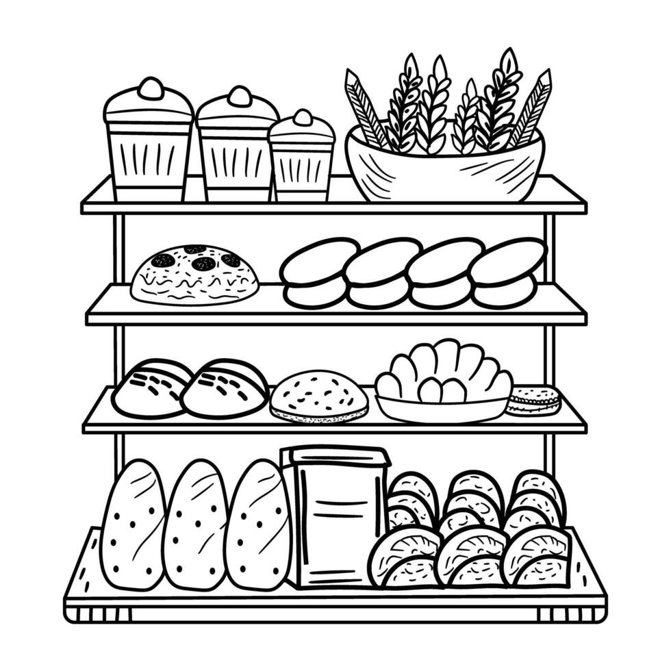 A bakery shelf with bread, cakes and other food items vector