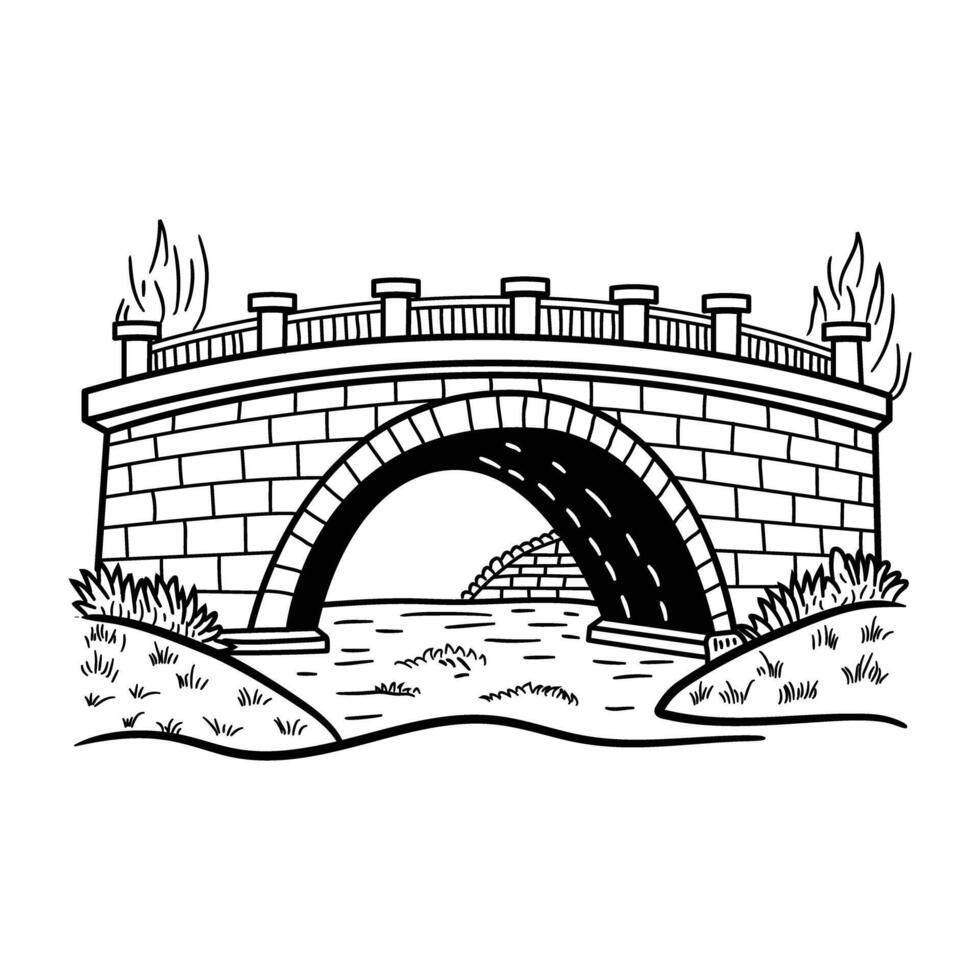 A black and white drawing of a bridge over the river vector