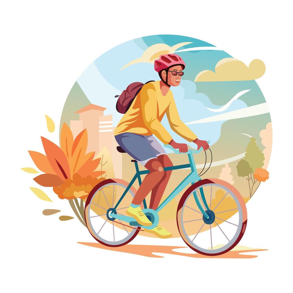 A woman doing cycling in good weather, a flat style illustration vector