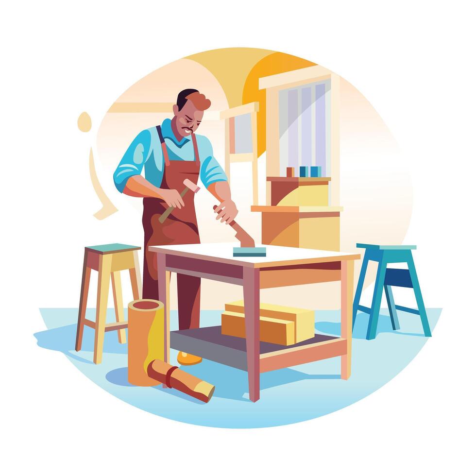 Shopkeeper standing on a table, a flat style illustration vector