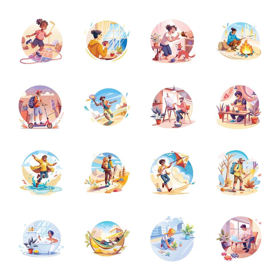 Bundle of Joyful Activities Flat Style Illustrations vector