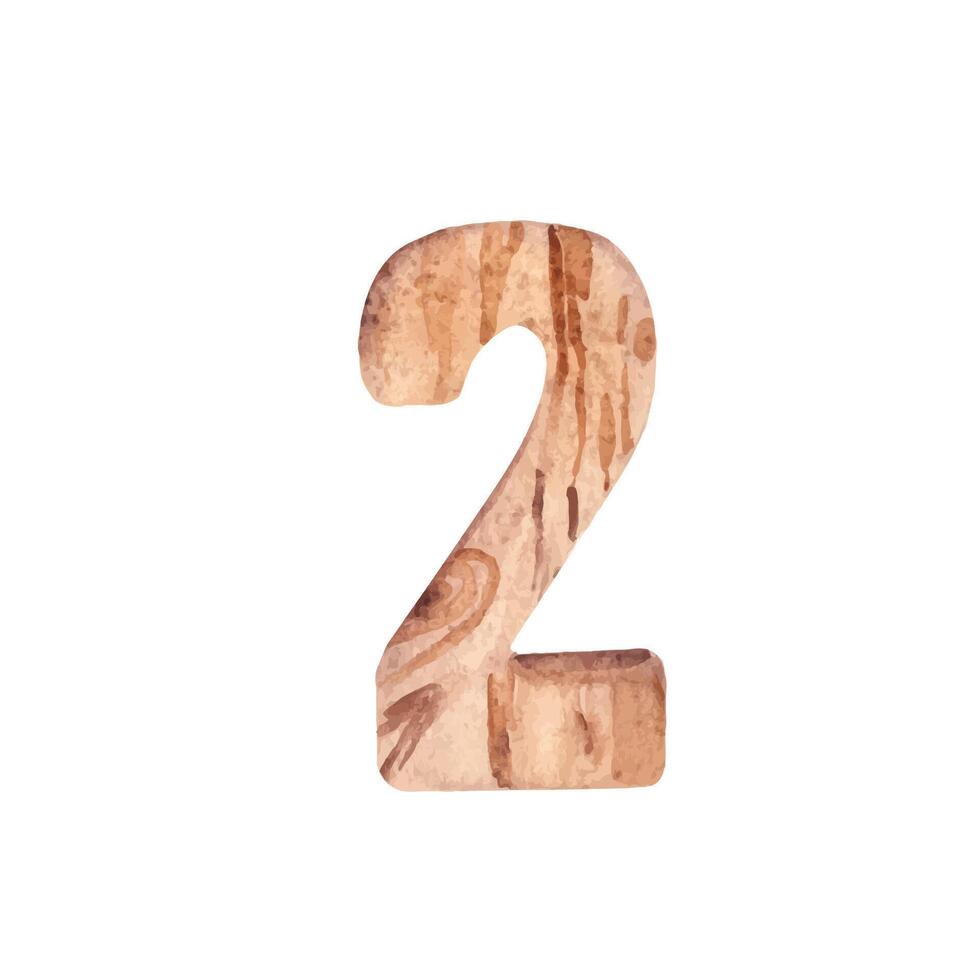 Wood Number Two. Front view. Watercolor illustration in rustic style isolated on white background. Design element with a realistic wooden texture vector