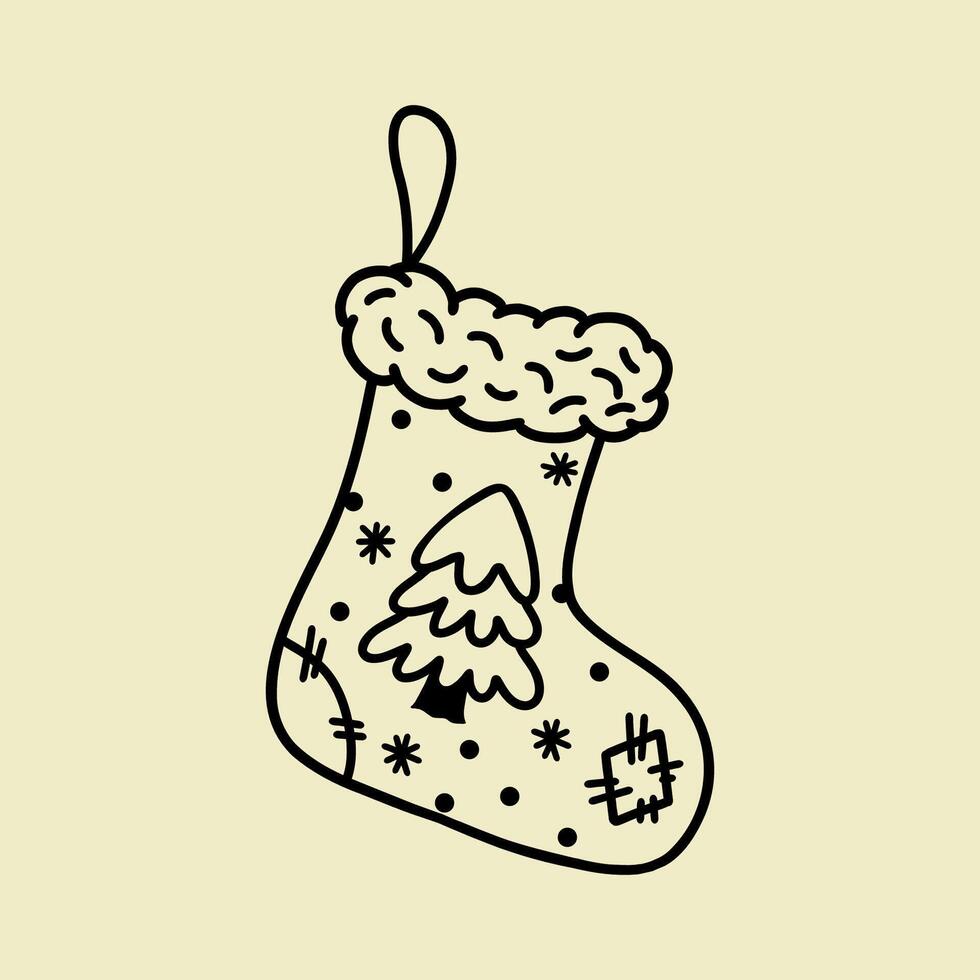 Christmas sock for gifts, hand-drawn illustration.Christmas stocking with fur top and cute patterns like Christmas tree and snowflakes. illustration highlighted on a beige background. vector