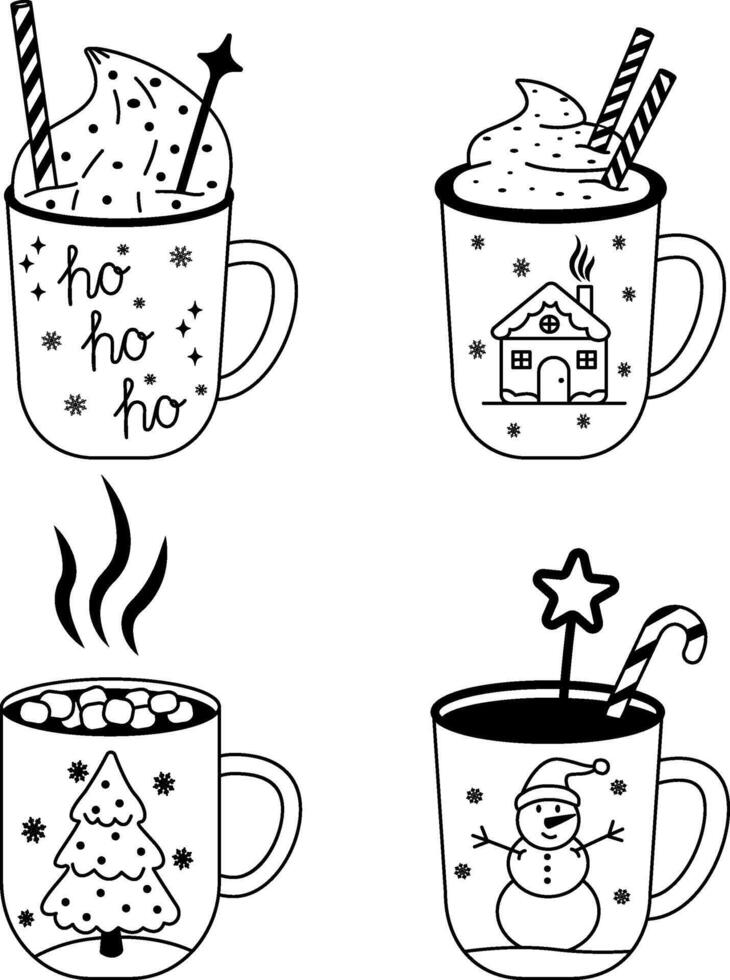 set of cute hand-painted mugs for hot cocoa and coffee with cream. A set of cute mugs with contour painting.Christmas and winter drinks for packaging, fabric, labels, posters, wrapping paper. vector