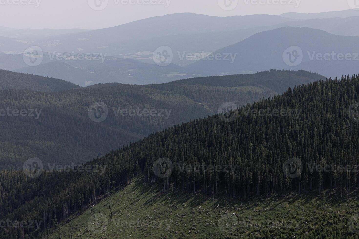An idealistic mountain landscape with towering mountains and cleared forested areas on the slopes. photo