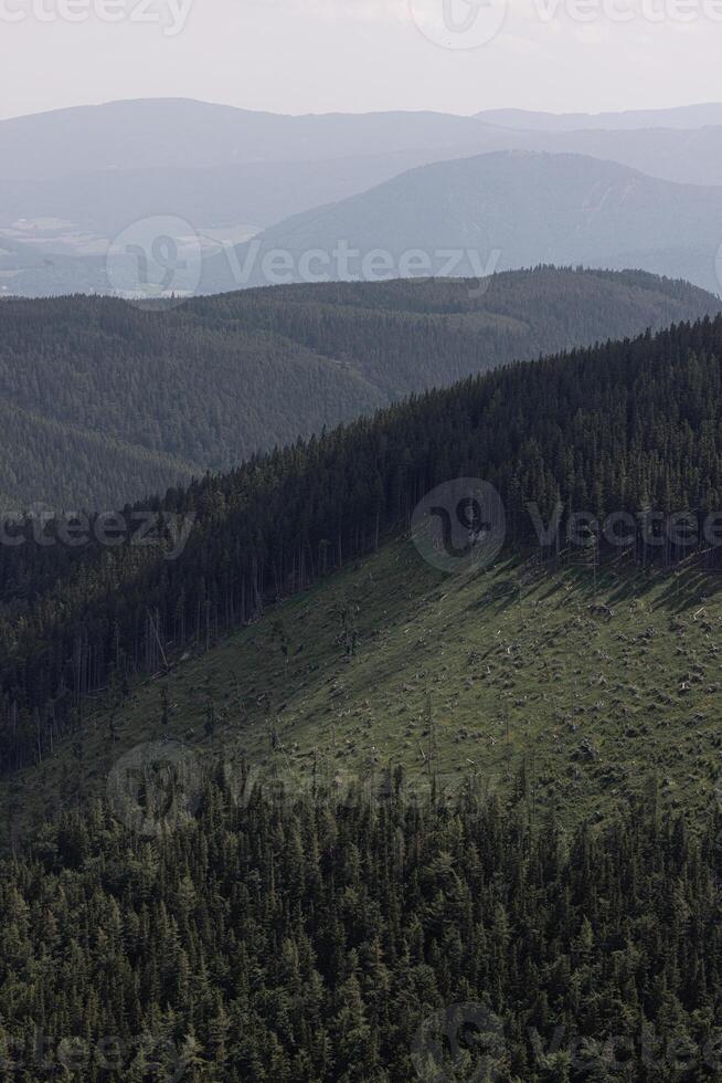 An idealistic mountain landscape with towering mountains and cleared forested areas on the slopes. photo