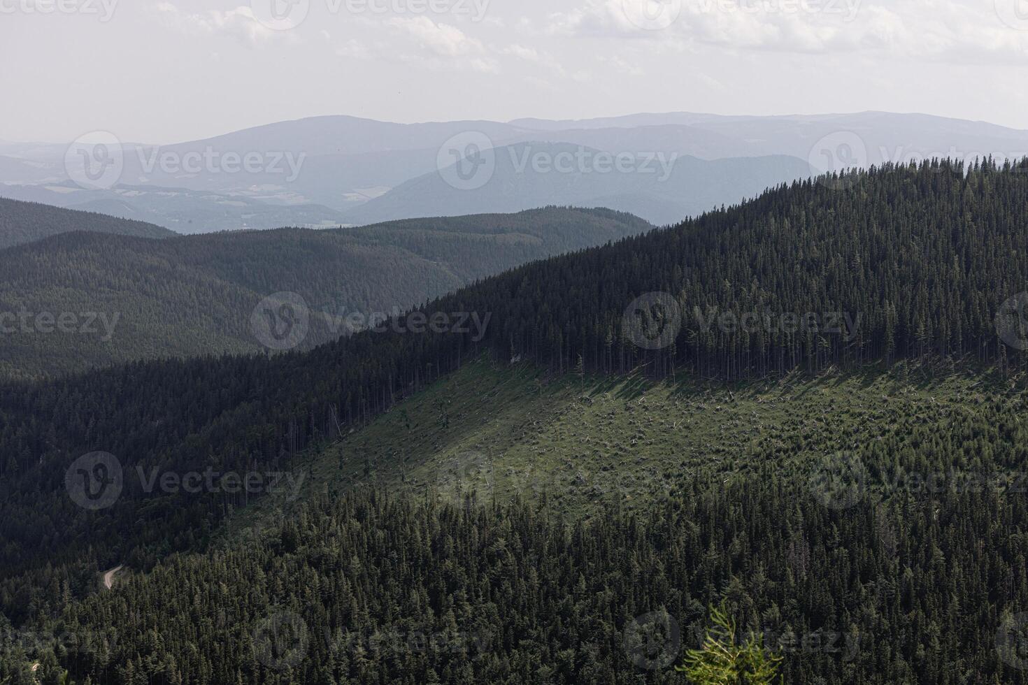 An idealistic mountain landscape with towering mountains and cleared forested areas on the slopes. photo