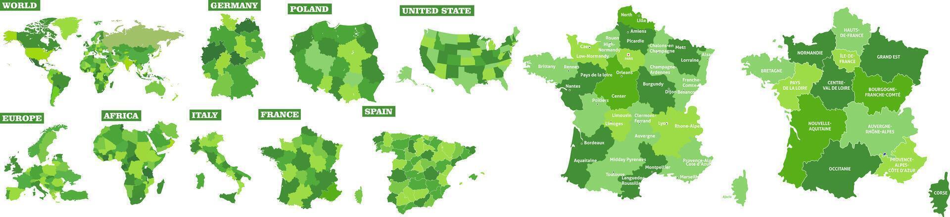 France and world map. Poland, Germany, Spain, USA, Italy. illustration. vector