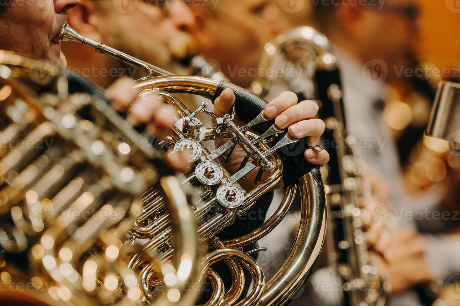 Close up of hand on the french horn during philharmonic concert, art concept photo