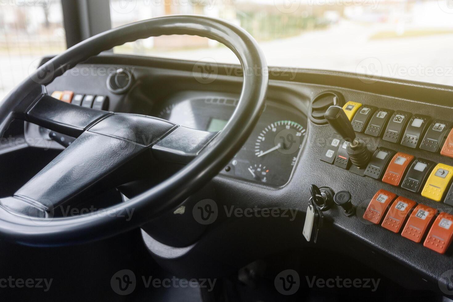 Cockpit or cabin of a public bus, concept of urban public transportation photo