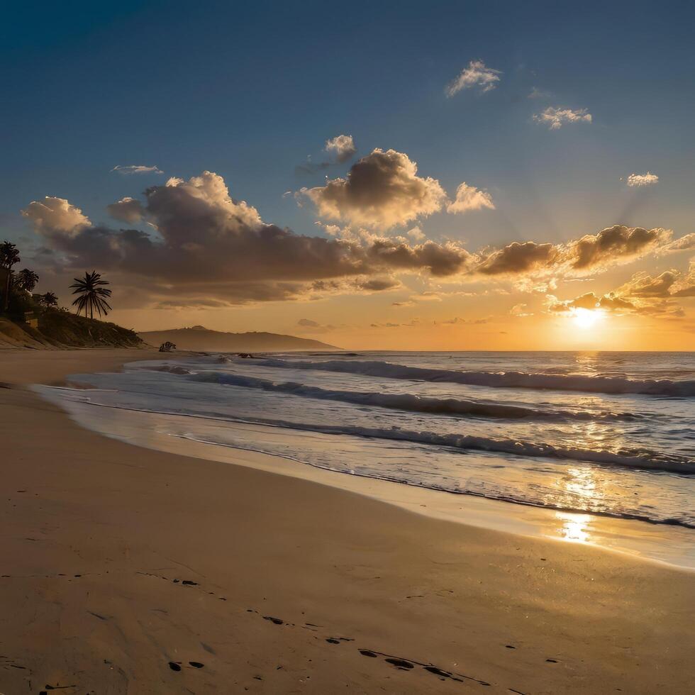 A beach with a sunset over the ocean photo