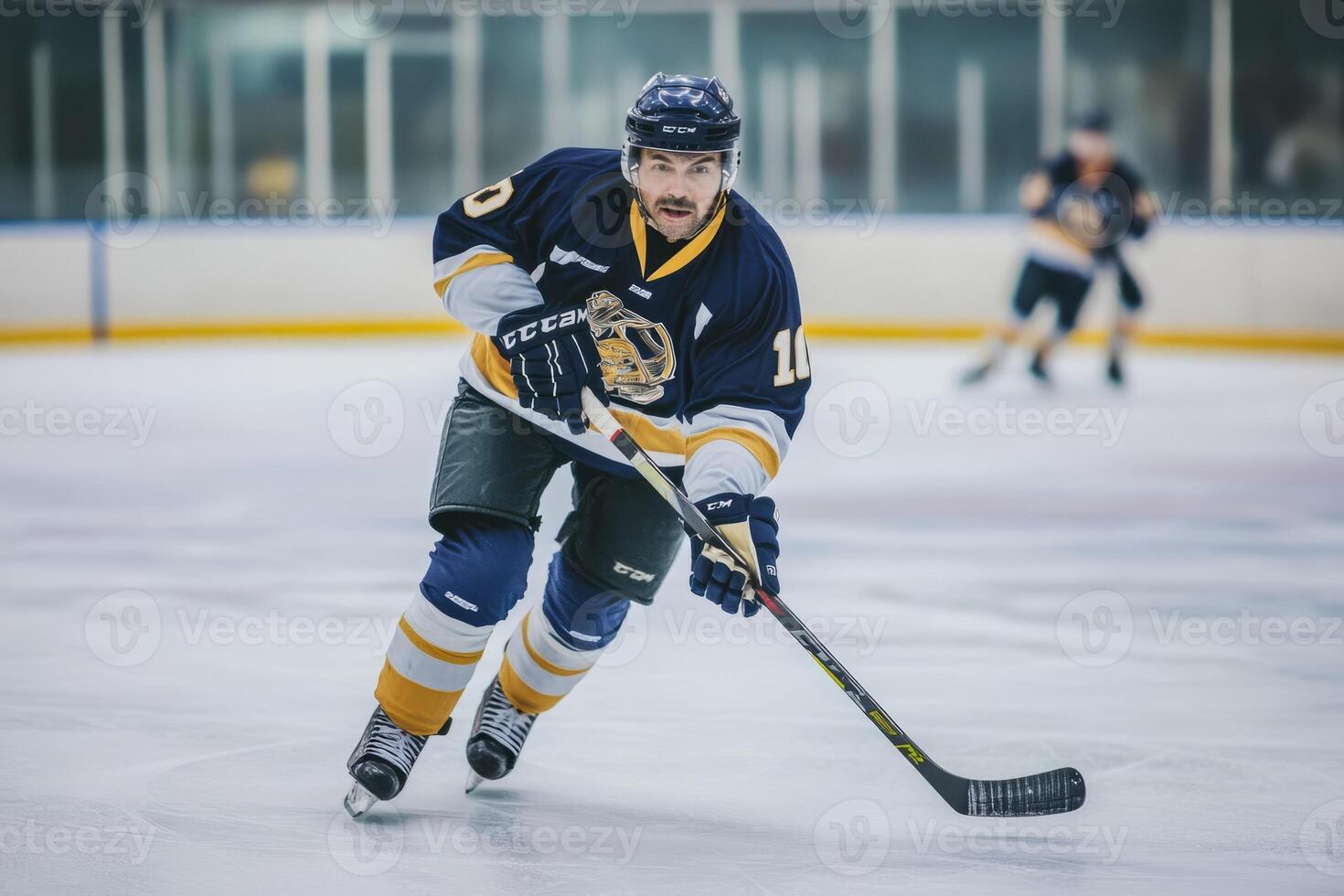 Ice hockey player with stick moving at stadium during game photo