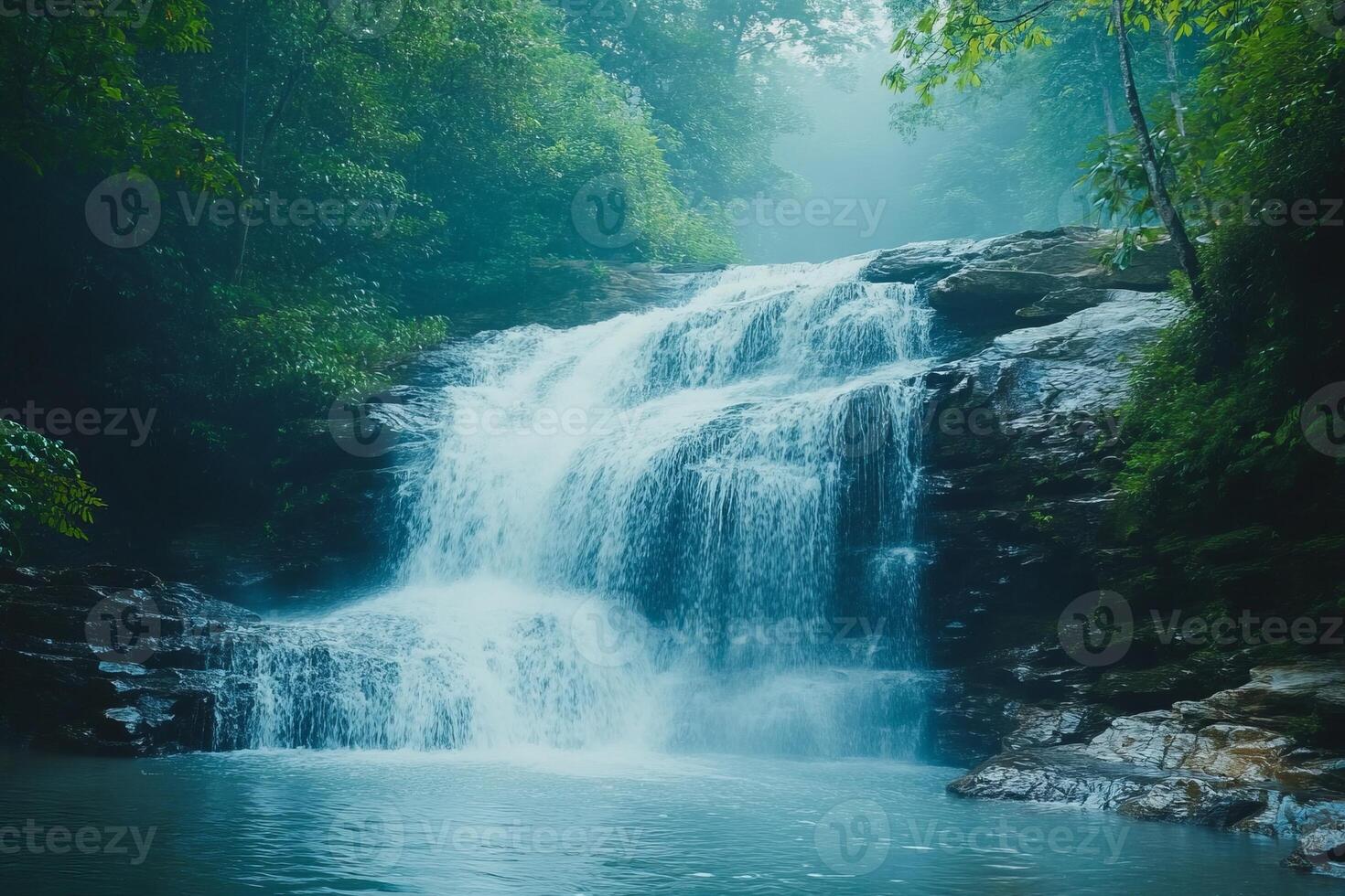Beautiful waterfall in the forest in the morning haze photo