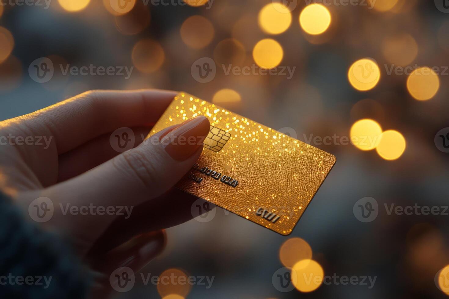 Female fingers holding a gold colored bank card with golden bokeh highlights photo