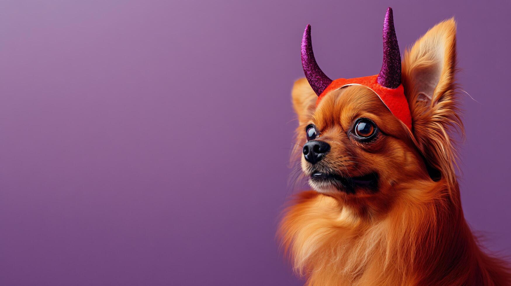 German Spitz dog dressed as devil Halloween costume with purple copy space background photo