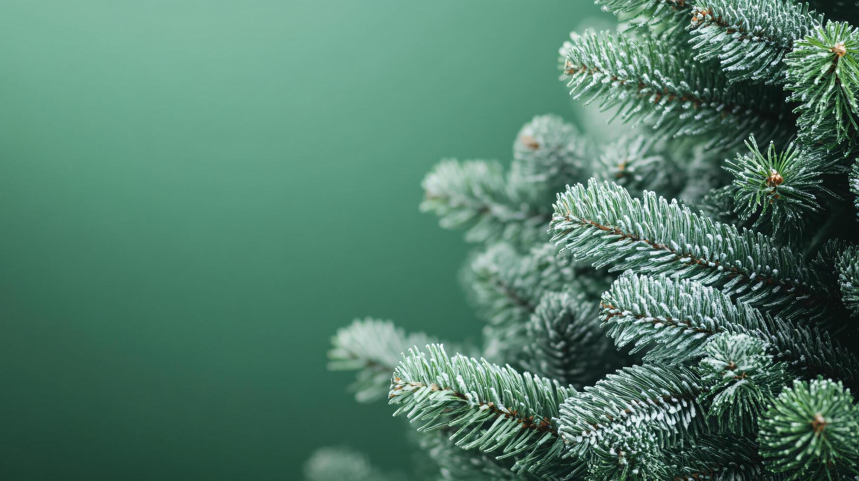 Close up indoor winter Christmas fir tree with soft green needles snow and copy space on the left side background photo