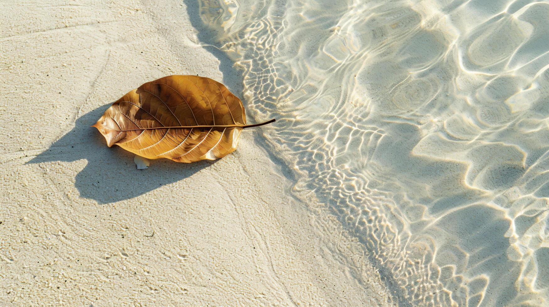 Leaf floating gently on the surface of clear sand beach water tranquility peacefulness copy space background photo