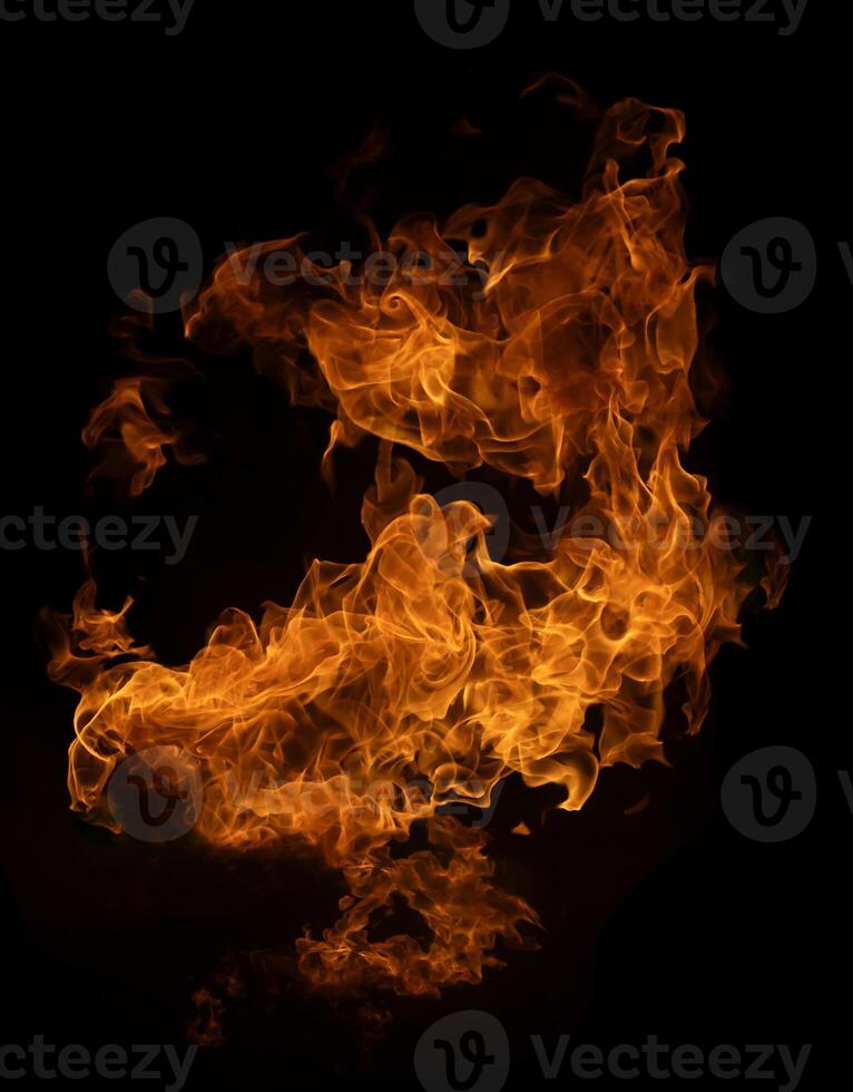 Fire and burning flame of explosive fireball isolated on dark background for abstract graphic design photo