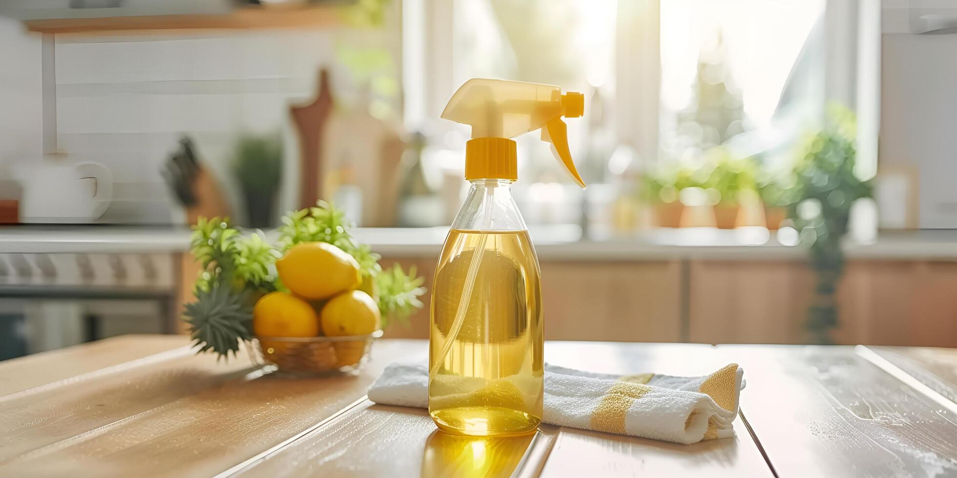 Home Cleaning Spray Bottle with Towels on Counter Cleaning Spray and Towels on Kitchen Counter photo