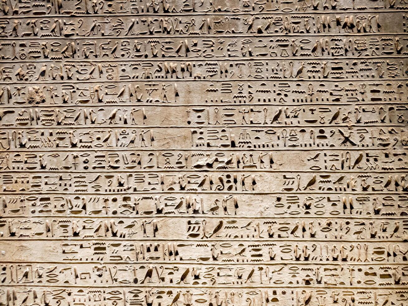 Old Egyptian hieroglyphs on an stone background. Ancient Egyptian hieroglyphs as pattern in Tombs. photo