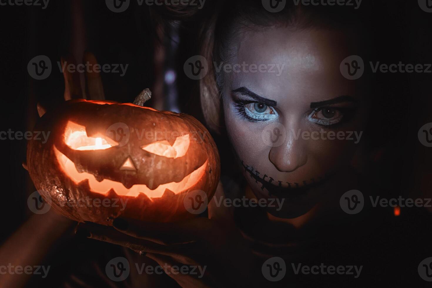Horrible girl with scary mouth and eyes photo