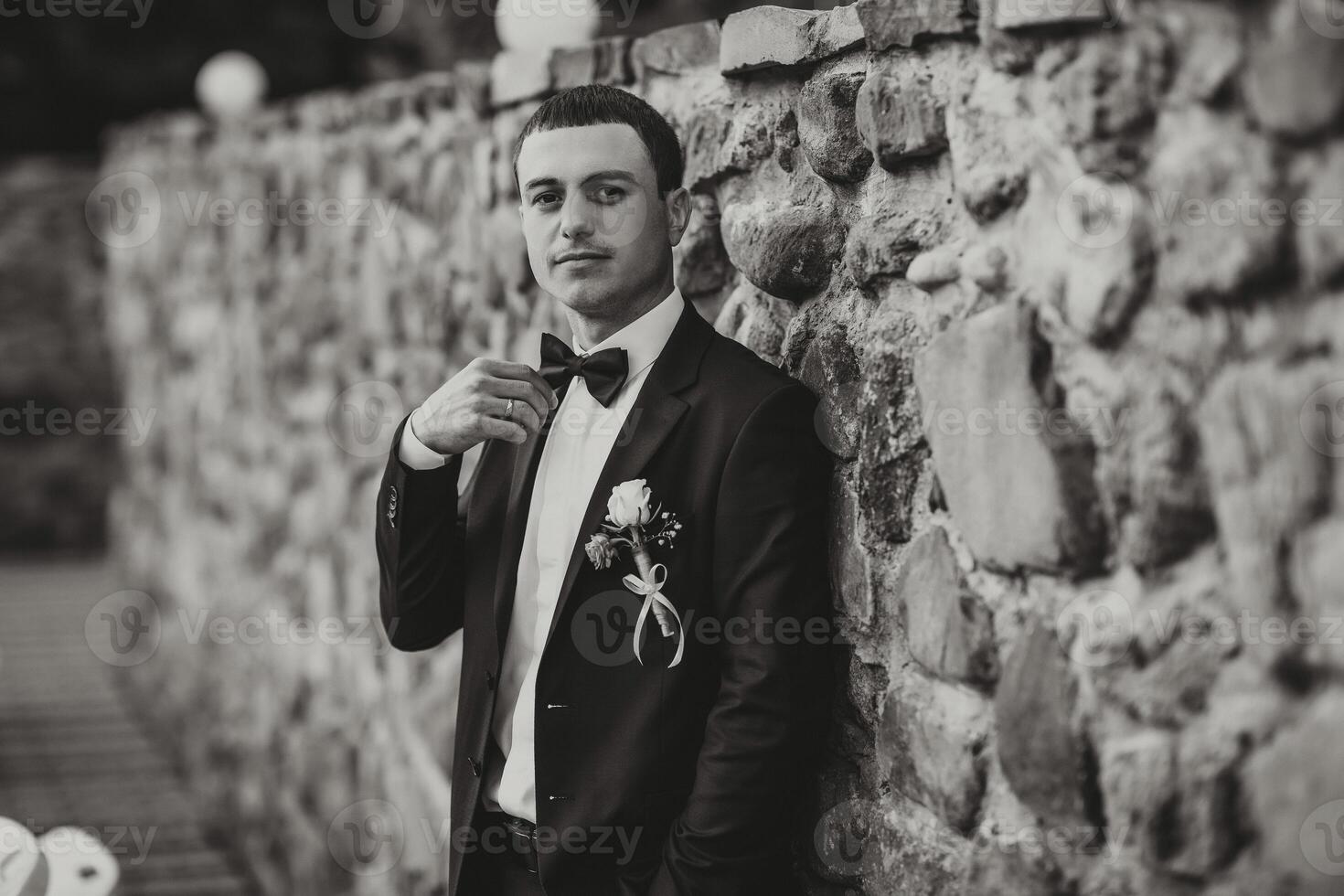 A man in a suit and tie is standing in front of a stone wall photo