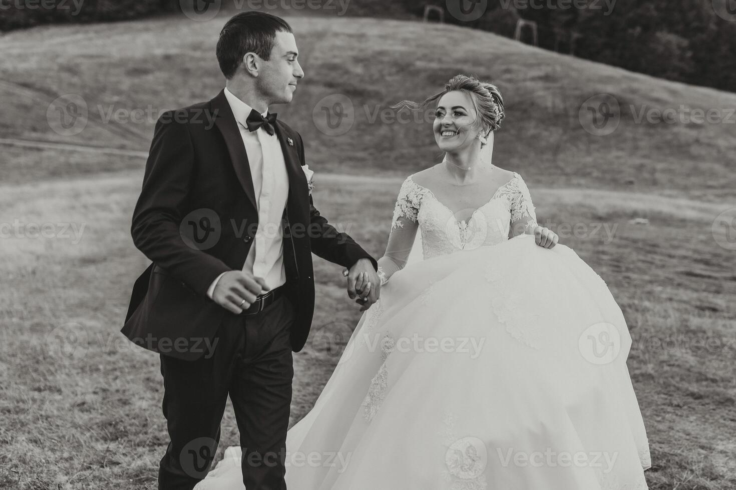 A bride and groom are walking down a grassy hillside photo