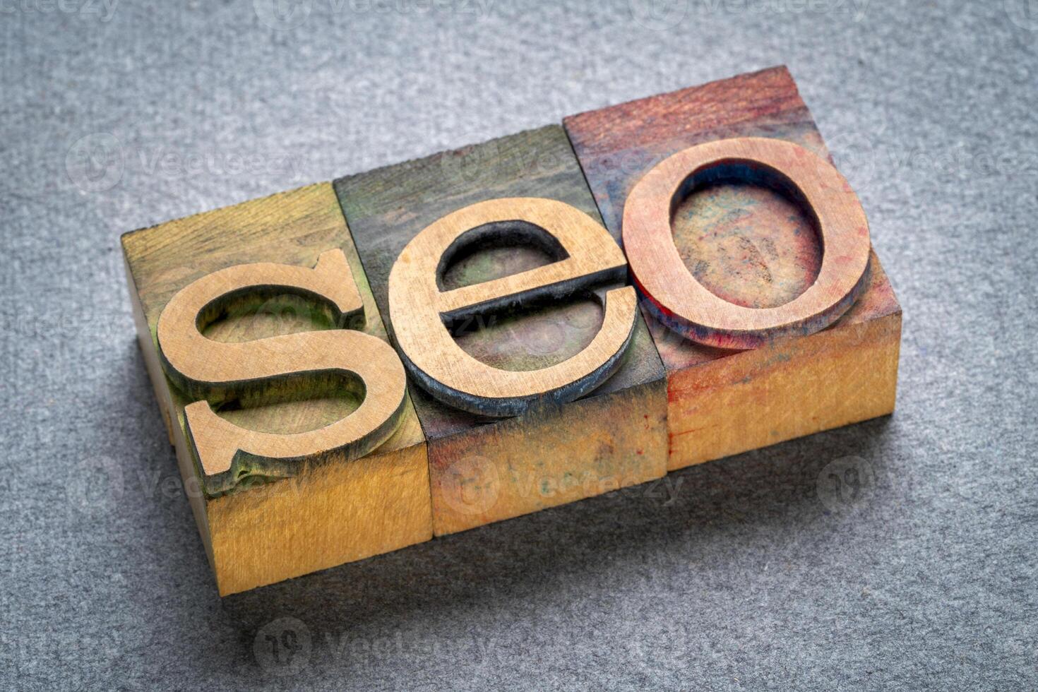 search engine optimization SEO - acronym in vintage letterpress wood type printing blocks, internet and web design concept photo