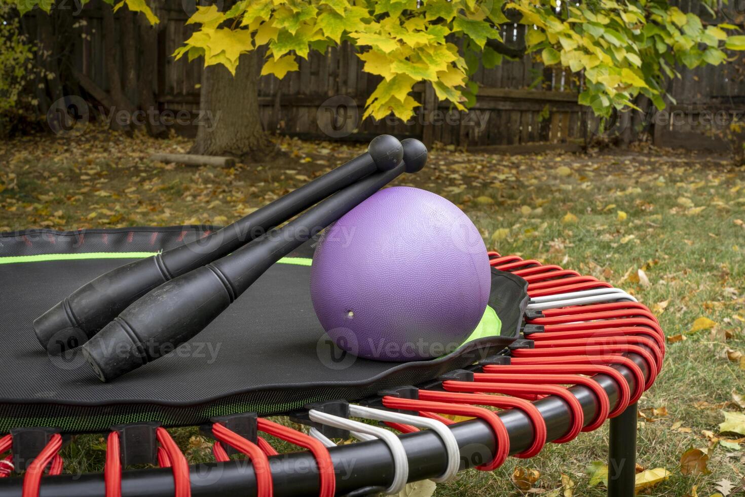 rebounding trampoline with a pair of Indian clubs and a small medicine ball in a backyard fall scenery photo