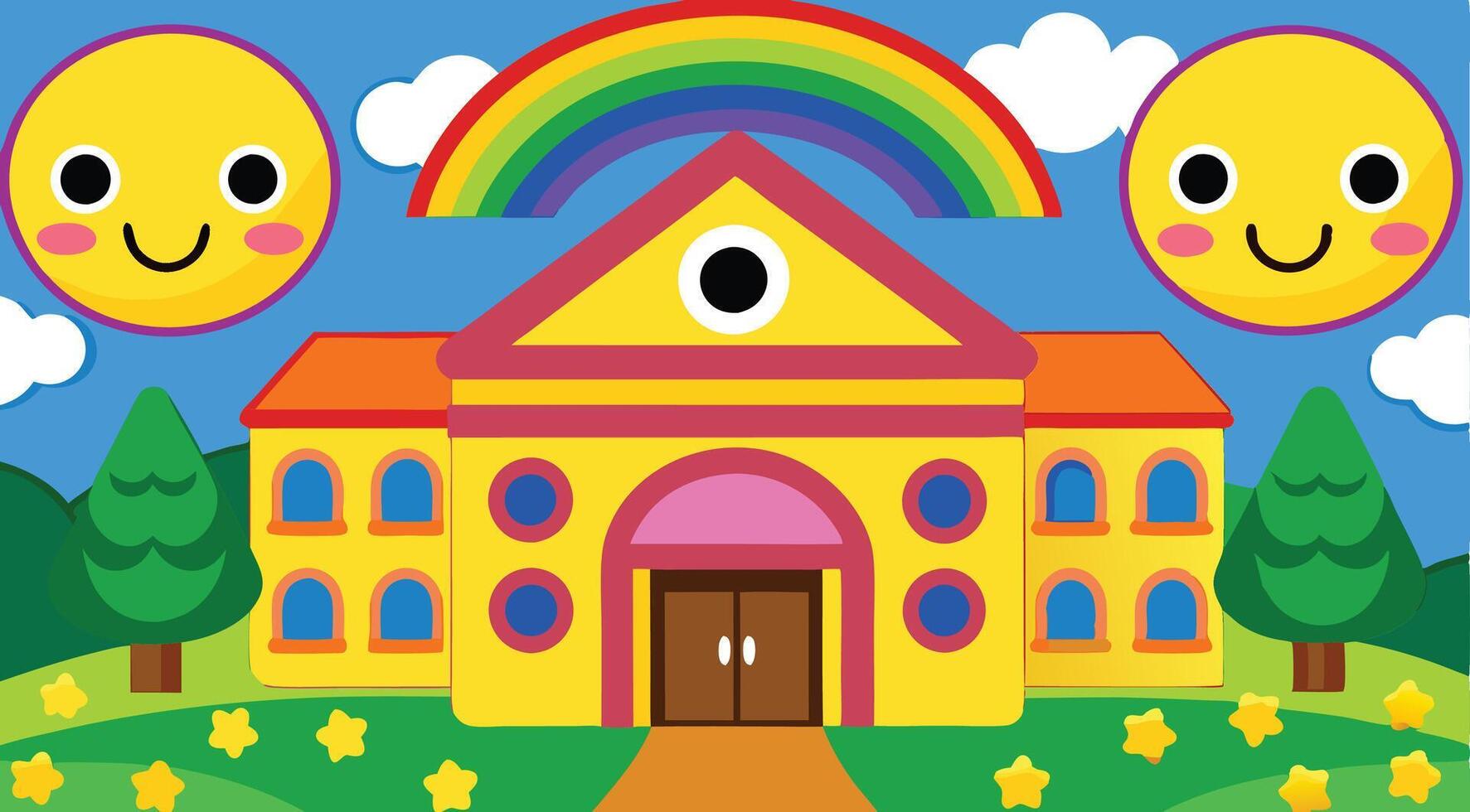 A cartoon house with two smiling faces and a rainbow vector