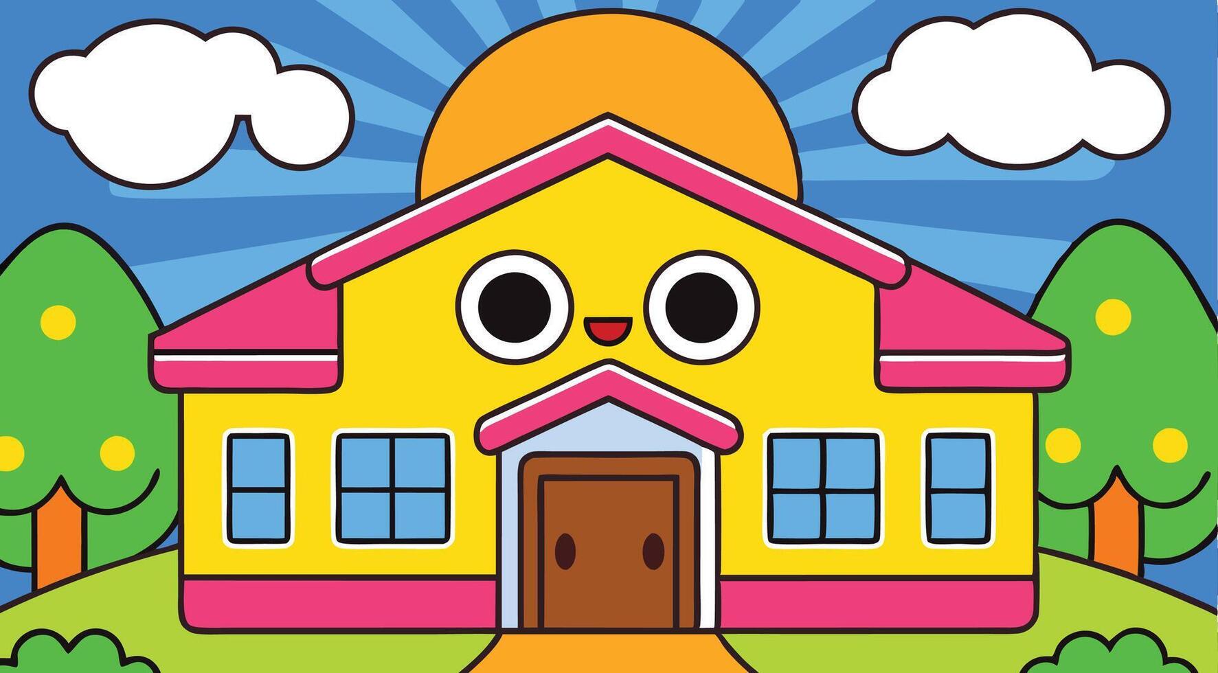 A cartoon house with a sun in the background vector