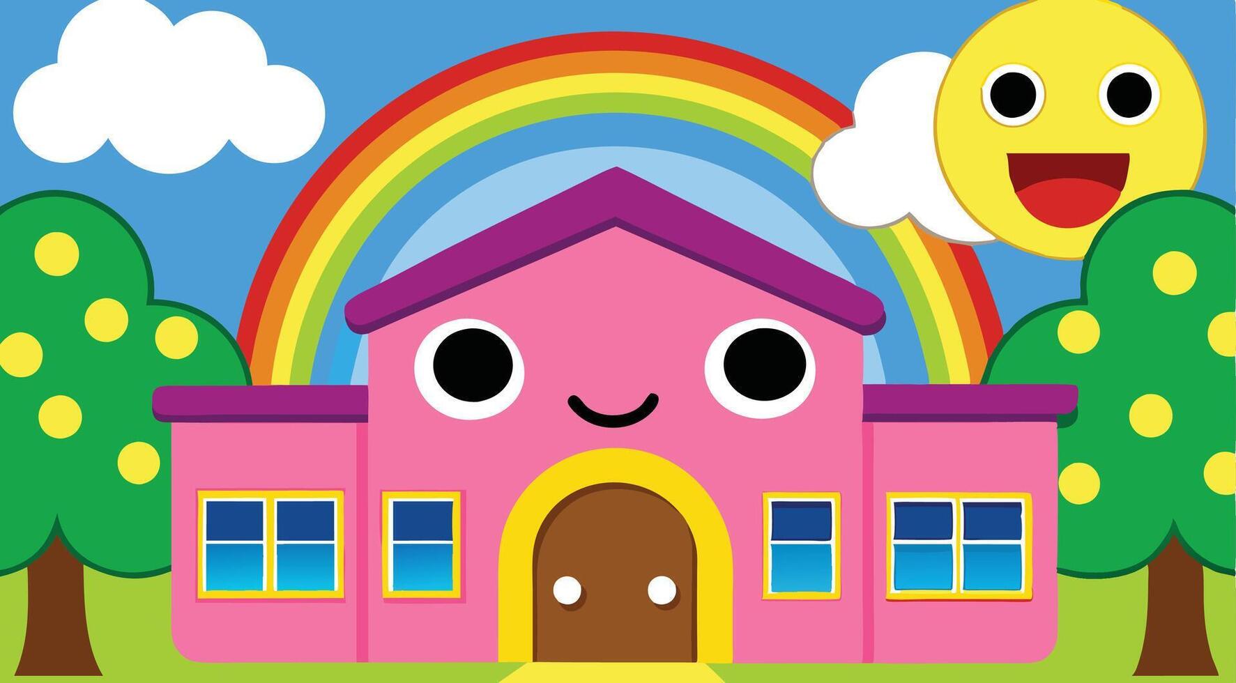 A cartoon house with a rainbow and a smiley face vector