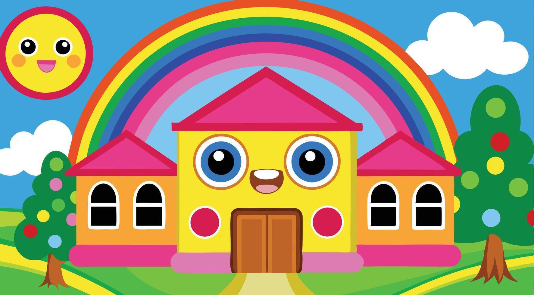 A cartoon house with a rainbow in the background vector