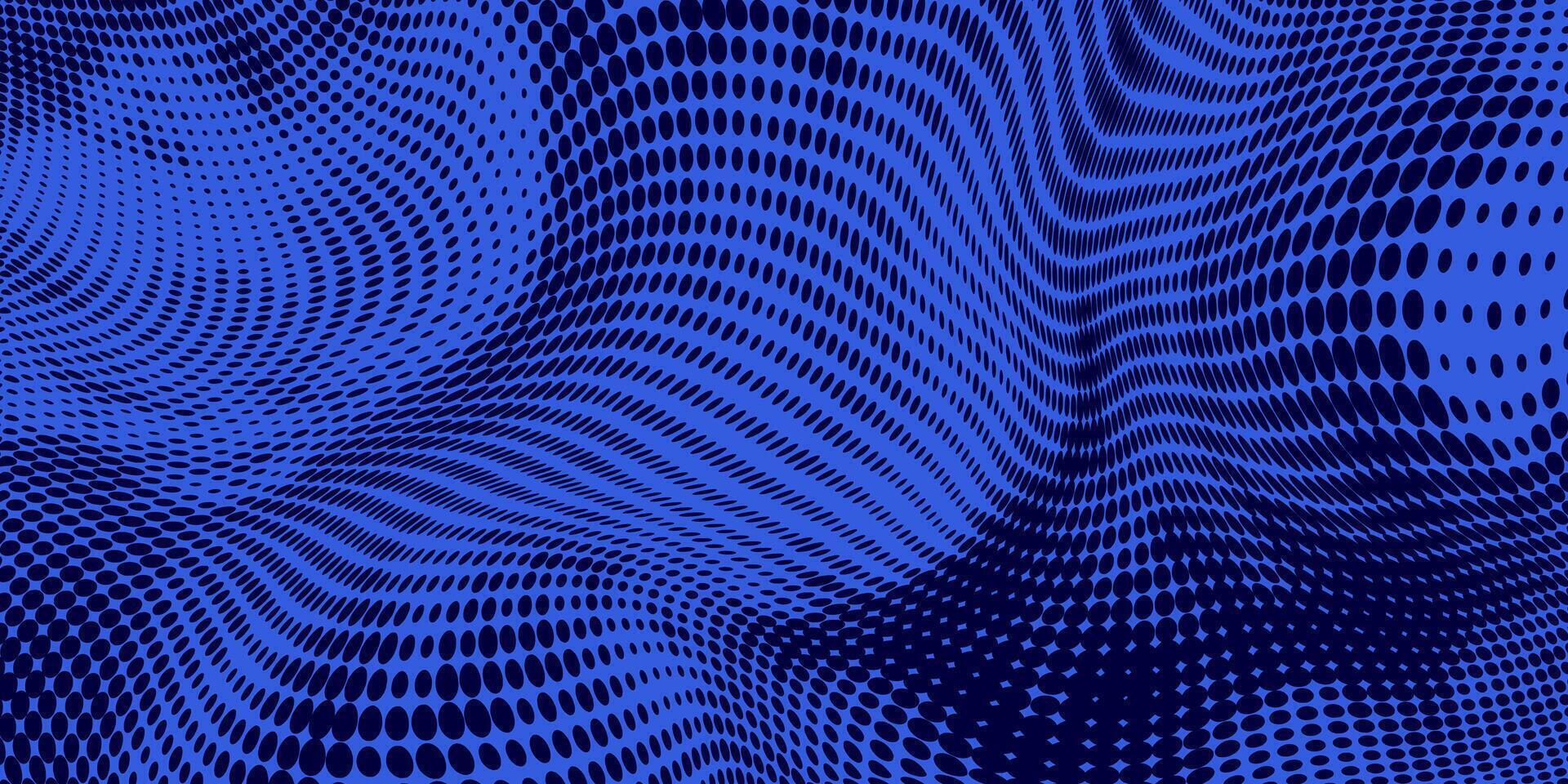 Flowing Abstract Halftone with Deep Blue and Black Waves. Twisted and dynamic texture ideal for modern, tech-inspired designs, posters, flyers, music cards. vector