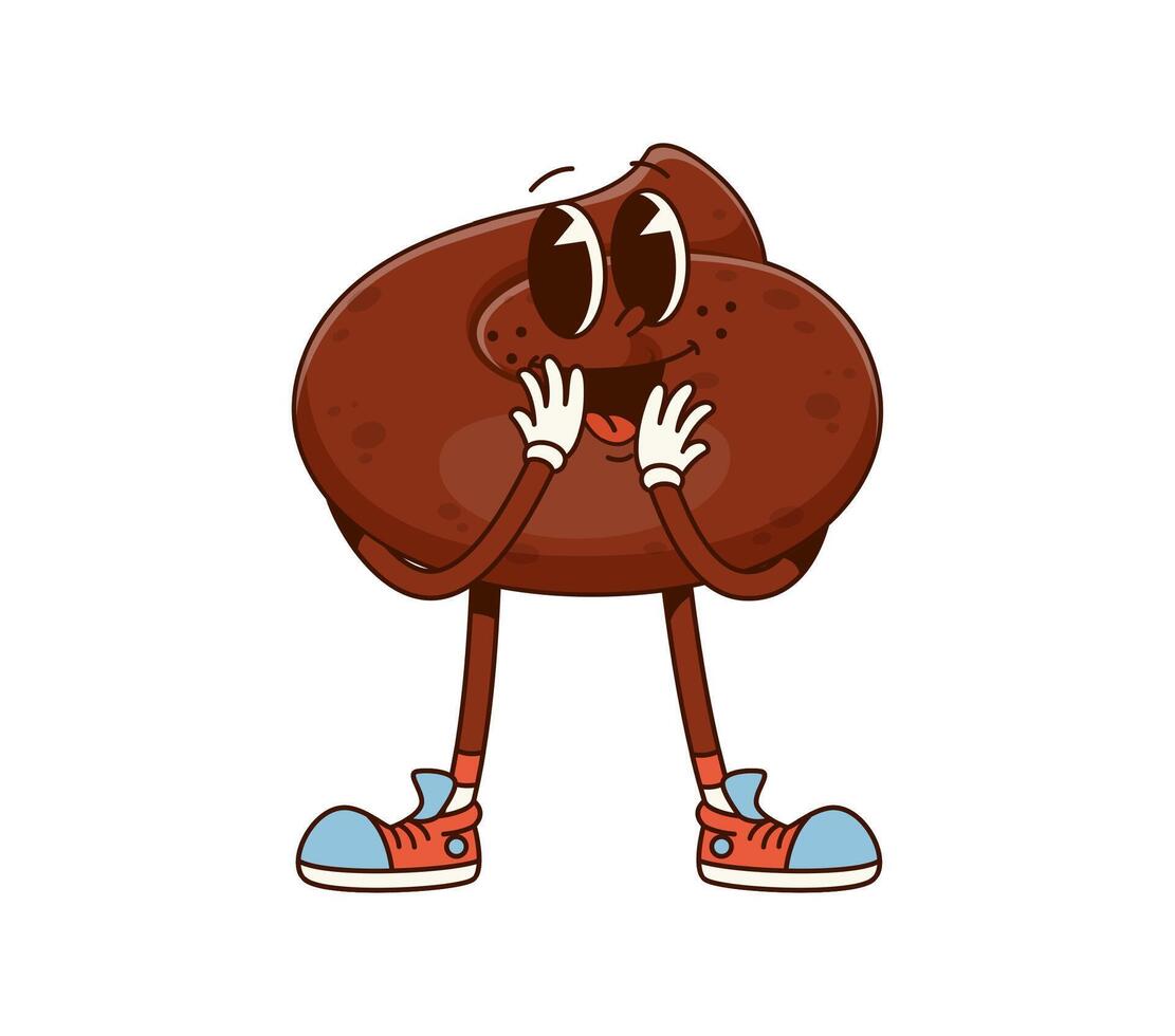 Cartoon groovy poop character, funny poo emoticon vector