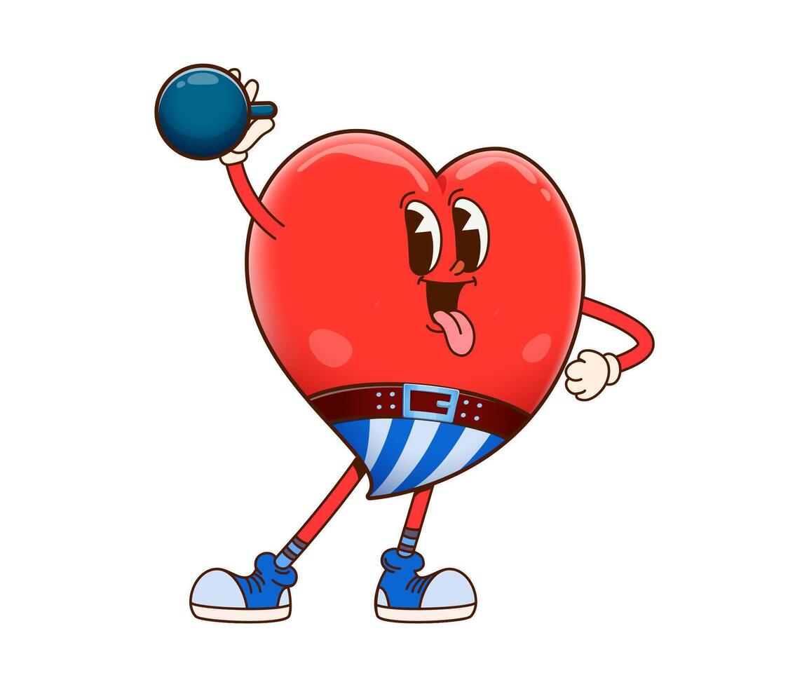 Cute groovy heart character lifting heavy barbell. vector