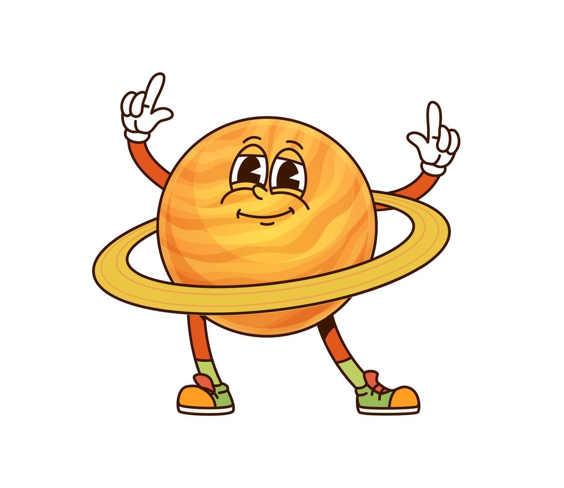 Saturn Solar system groovy planet retro character vector